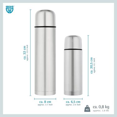 Термос GRÄWE з нержавіючої сталі, 1 л/350 мл, сріблястий | Термокружка, ізотермос, для подорожей, з чашкою, не протікає, придатний для миття в посудомийній машині