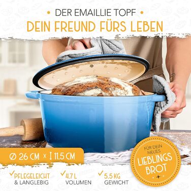 KRUSTENZAUBER Enameled Cast Iron Pot for Bread Baking [incl. Proofing Basket] - High-Quality Enamel Pot 26cm - Ideal cast iron pot for baking bread, cast iron bread baking pot, bread baking accessories Blue