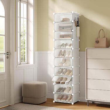 WOLTU Shoe Box, Shoe Storage, Set of 10, Stackable Design, for 20 Pairs, with Door, Hooks, 40x30x170 cm, White
