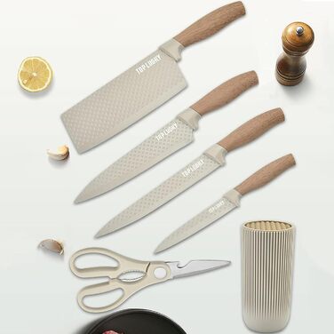 Набір кухонних ножів, 6 предметів: гострі ножі з нержавіючої сталі з антипригарним покриттям, набір для кухні з підставкою (Хакі)