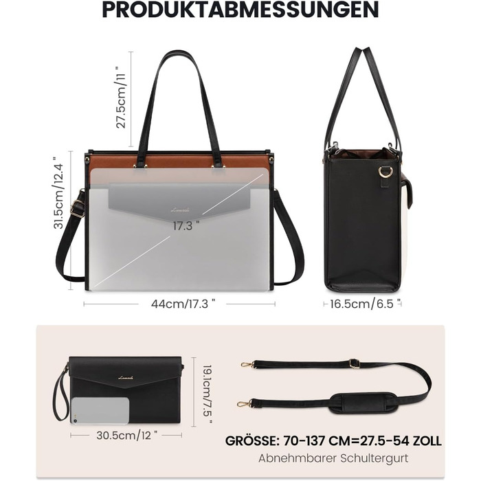 Сумка для ноутбука LOVEVOOK жіноча водонепроникна для роботи та навчання, велика шопер сумка, бізнес портфель, шкіряна сумка-тоут, бежева/чорна/коричнева (17.3 дюйми)