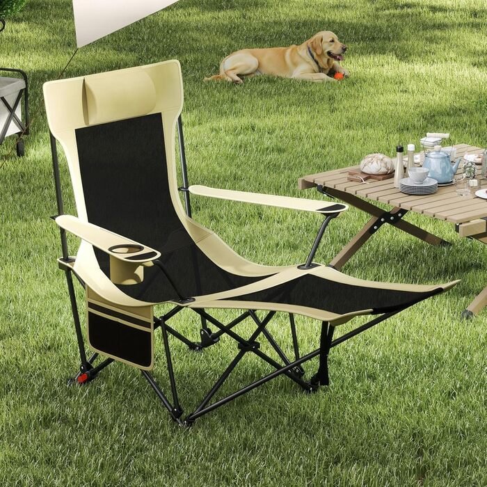 Крісло для кемпінгу та риболовлі Costway з підставкою для ніг, регульованою спинкою, підголівником, тримачем для напоїв та бічною кишенею, складане, хакі