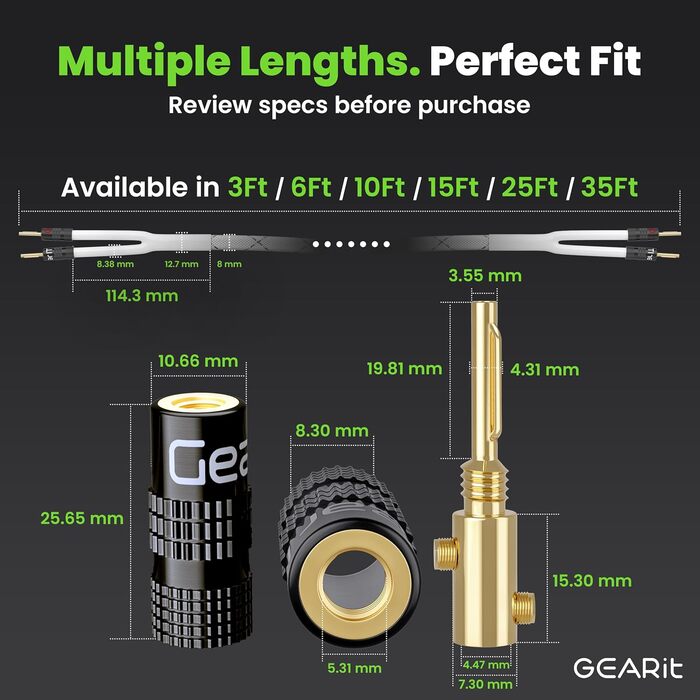 Акустичний кабель GEARit OFC 2 x 2,5 мм² (14 AWG), 1.8м, Hi-Fi аудіо кабель для колонок з позолоченими банановими роз'ємами, білий