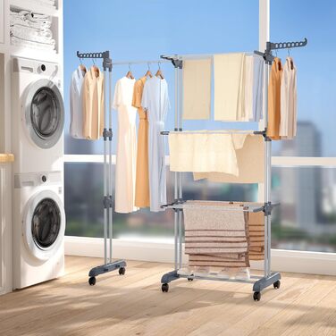 Сушарка для білизни Oak & Tea Tower, 83-200 см, з висувними крилами, XXL, 4 яруси, на коліщатках, для дому та вулиці, сіра