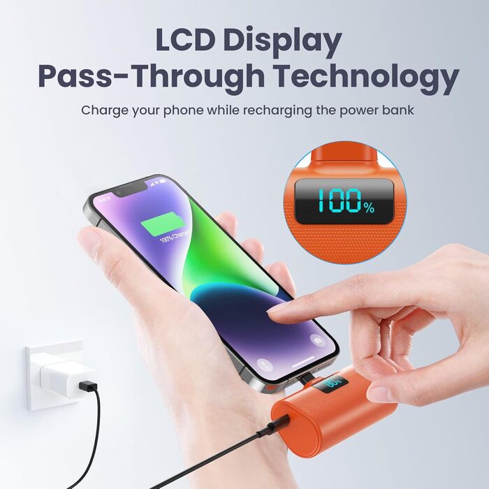Портативний зарядний акумулятор Powerbank 5200mAh з LCD дисплеєм, 20W PD, сумісний з iPhone 14/13/12/11 та іншими моделями (Orange)