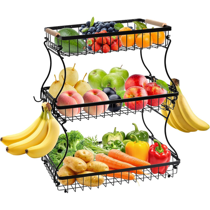 Металева фруктова корзина GMISUN з 3 ярусами та підставкою для бананів, чорна, сучасний дизайн. Підходить для зберігання фруктів, овочів та закусок. Велика місткість, 3 яруси.