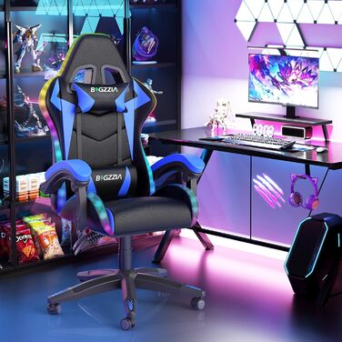 Геймерське крісло Bigzzia з RGB підсвіткою та підголівником, ергономічне крісло для комп'ютера, блакитне LED