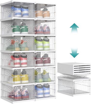 SONGMICS Shoe Cabinet Set, with 18 Shoe Boxes, Integrated Shoe Organizer, Foldable, Portable, for Shoes up to Size 46, 1-Minute Assembly, Transparent + Cloud White LSP207W01 (Transparent + Cloud White, 2)