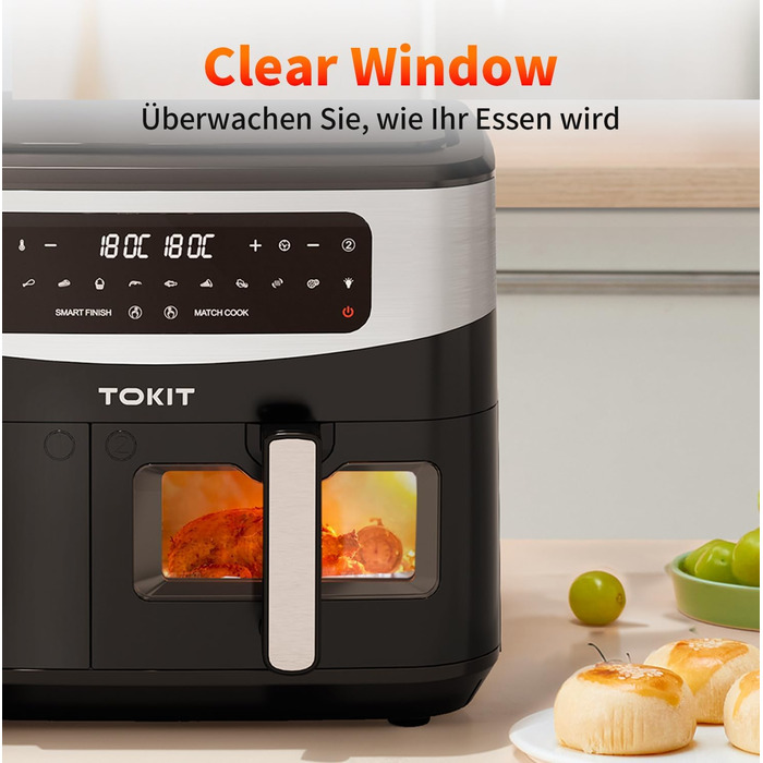 Фритюрниця TOKIT з подвійним зондом, 2800 Вт, 10 л, 12 програм, з вікном, без олії, 2 ящики, LED-touchscreen, 90% менше жиру
