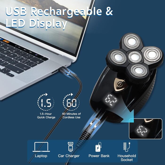 Електрична бритва для чоловіків 5-в-1 з плаваючою голівкою, USB-зарядка, вологостійка