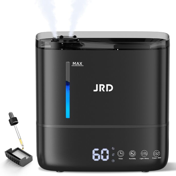 Ультразвуковий зволожувач повітря JRD для спальні та дитячої кімнати, 4л, з верхнім наповненням, 360° розпиленням та дифузором для ефірних олій, чорний