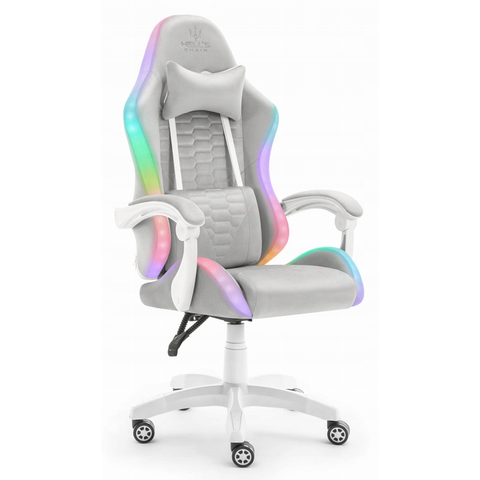 Ігрове крісло Hell's Chair HC-1000, сіра тканина, LED RGB, з подушками