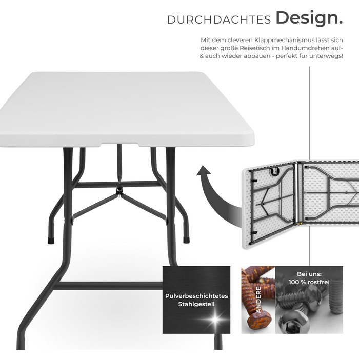 Складний алюмінієвий стіл TekTake для кемпінгу, саду, тераси, балкону (183x76x74 см, модель 402153)