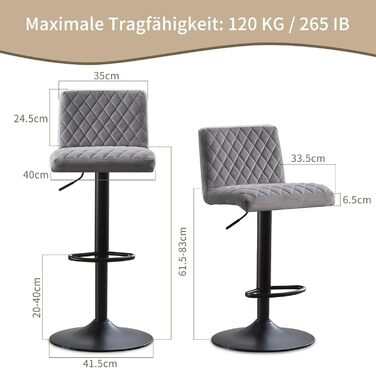 JYMTOM Set of 4 Adjustable Bar Stools with Swivel Seat - Velvet Upholstered Counter Stools for Bar, Kitchen, Bistro, Cafe & Dining Room (Gray)