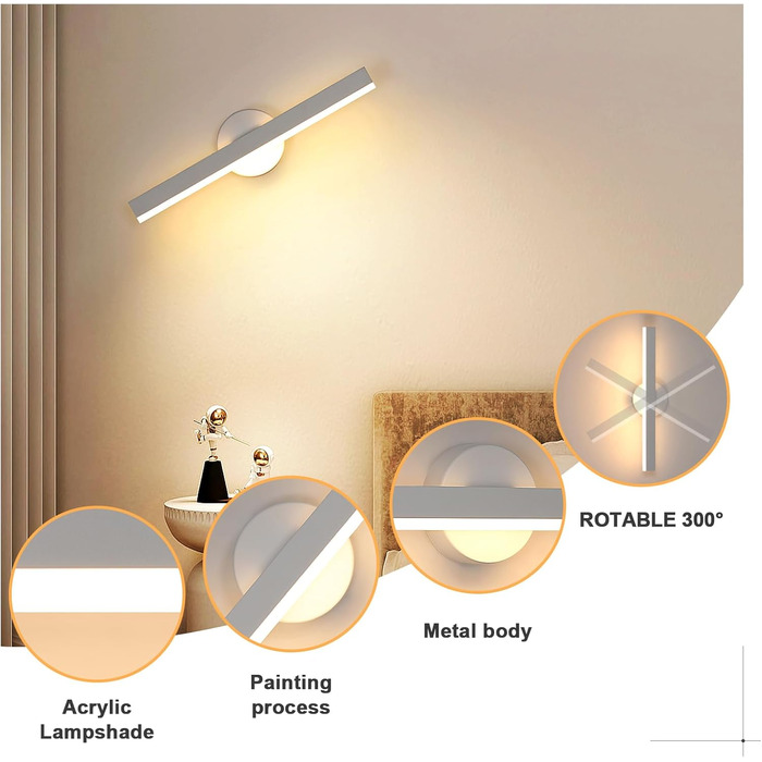 LED дзеркальна лампа Riserva 12W для ванної кімнати, поворотна 300°, 38 см, 3000K, чорний колір