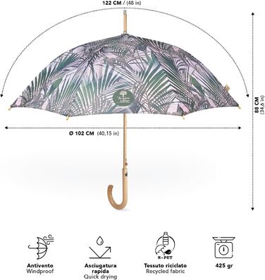 Perletti Green Eco Women's Umbrella - Recycled Material, Automatic Open/Close, 102cm Diameter, White Kentia Flower Design