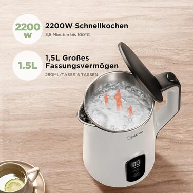 Midea 1.7L Electric Kettle - BPA Free, Fast Boil, LED Display, 360° Base, Dry Boil Protection