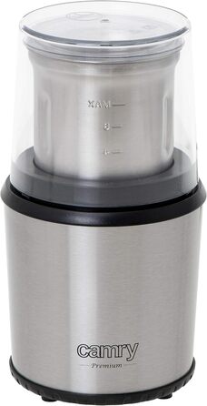 CAMRY CR 4444 Coffee Grinder with Safety Lid, 75g Capacity, 400W, Stainless Steel Housing, Safe Electric Grinder with Spoon, Electric Propeller Grinder with Transparent Lid, Silver
