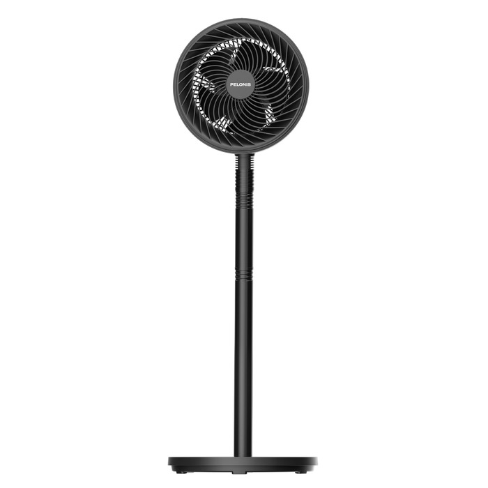 Вентилятор торнадо PELONIS з дистанційним керуванням, сенсорним дисплеєм, 3D циркуляцією, тихий (36.5dB), потужний (10м повітряний потік), регульована висота (60/111см), 4 швидкості з таймером, знімний захисний гріт, поворотний, 76см, чорний