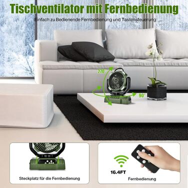 Портативний вентилятор для кемпінгу з акумулятором 10000mAh, LED-ліхтар, 270° обертання, USB-зарядка, для намету, риболовлі, офісу (зелений)