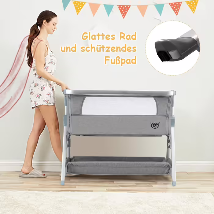 COSTWAY 2-in-1 Side Sleeper Bed & Travel Bed, Folding, Baby Cot with 7-Level Adjustable Height, Portable Baby Bed with Safety Belt, Mesh Windows, Mattress, Under-Bed Basket & Wheels (Dark Grey)