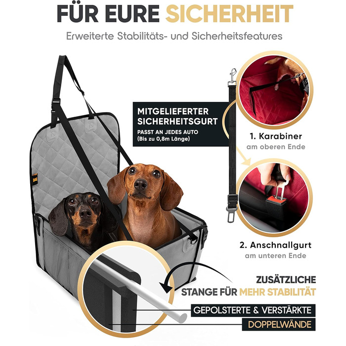 Extra Stable Dog Car Seat - Reinforced Walls & 5 Straps - Waterproof Dog Car Seat for Rear & Front Seat (Standard Size)
