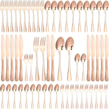 12-Person Cutlery Set, 60-Piece Gold Cutlery, High-Gloss Polished and Dishwasher Safe, Elegant Gold Cutlery, with Knife, Fork, and Spoon, for Home, Party, Restaurant (Gold Rose)