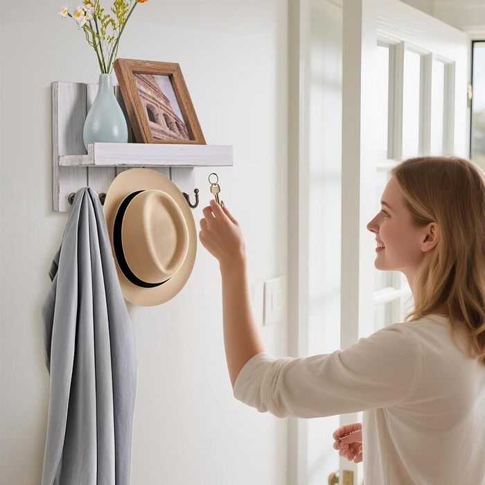 Дерев'яне ключниця з полицею, 5 гачків, для прихожей, вітальні, спальні, світло-білий колір