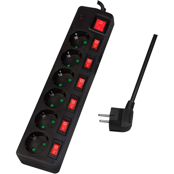 Смуга живлення LogiLink LPS233 6-fach з вимикачами та захистом від перенапруги (Schutzkontakt) - CEE 7/3, з дитячим замком, чорна