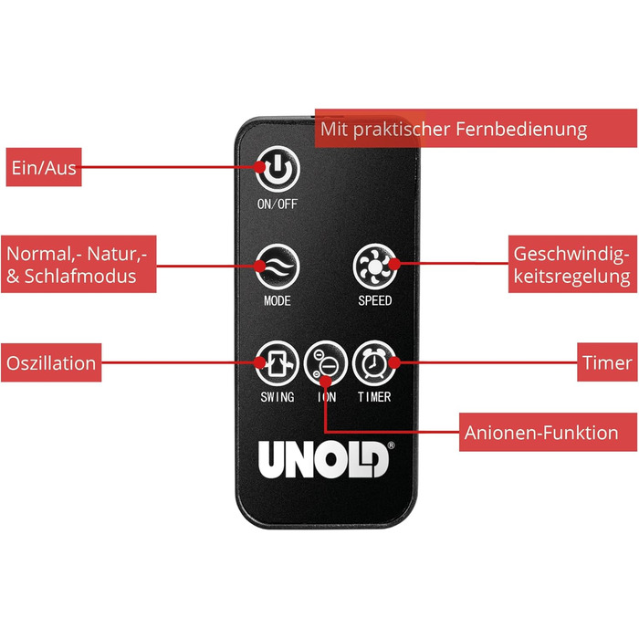 Вентилятор вежовий Unold 86855 Schwarz 60W, 230V: 3 швидкості, іонізація, таймер, коливання