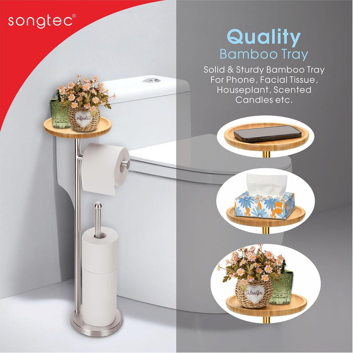 Підставка для туалетного паперу з запасом та полицею, стабільна, самостійна модель для 5 рулонів, з нержавіючої сталі з важким дном, матове нікелювання