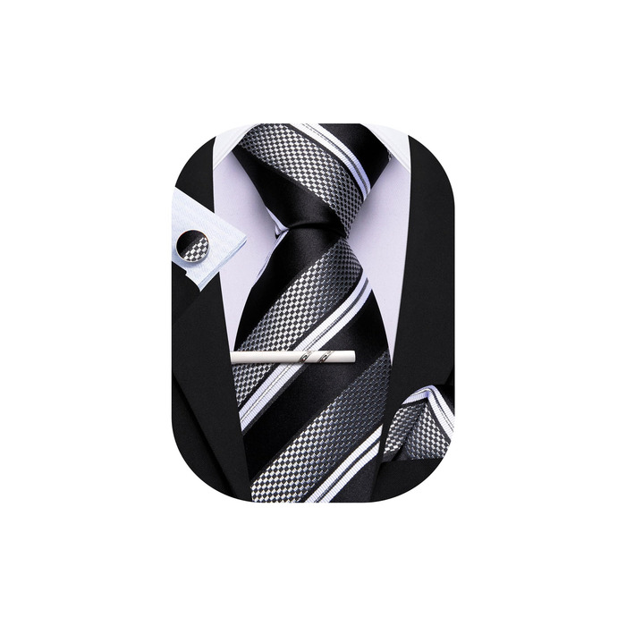 Чоловічий подарунковий набір: краватка в смужку, краватки-кліпса, нагрудна хустинка, манжетні кнопки, подарунок для бізнесу, весілля, свят, чорний, білий, сірий