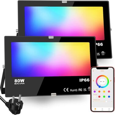 Outdoor RGB LED Spotlight, Color Changing 80W, DIY Strobe Mode, RGB LED Floodlight, Timer, Bluetooth, IP66 Waterproof