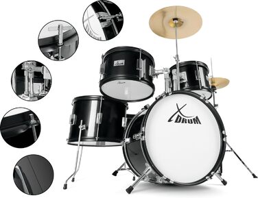 XDrum Junior Pro Kinder барабанний комплект Red - для дітей 5-9 років - з аксесуарами та навчальним посібником (Чорний, Solo)