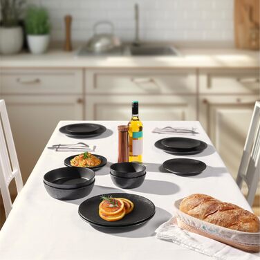 Набір посуду Navaris з каменю (16 предметів) для 4 осіб - тарілки, супові тарілки, чашки, антрацитовий колір