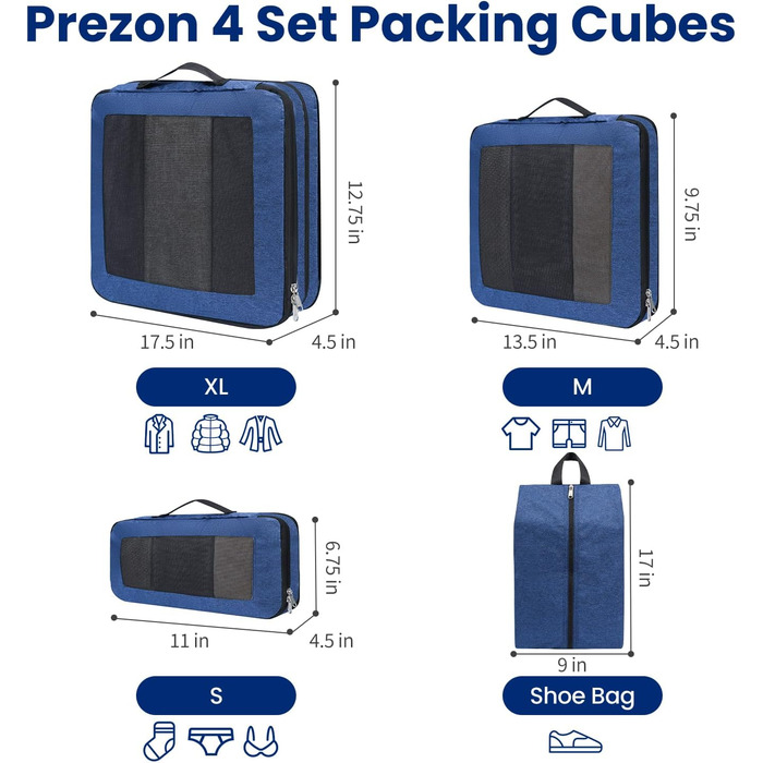 Набір кубиків-органайзерів для подорожей Prezon (4 шт., блакитно-зелений)