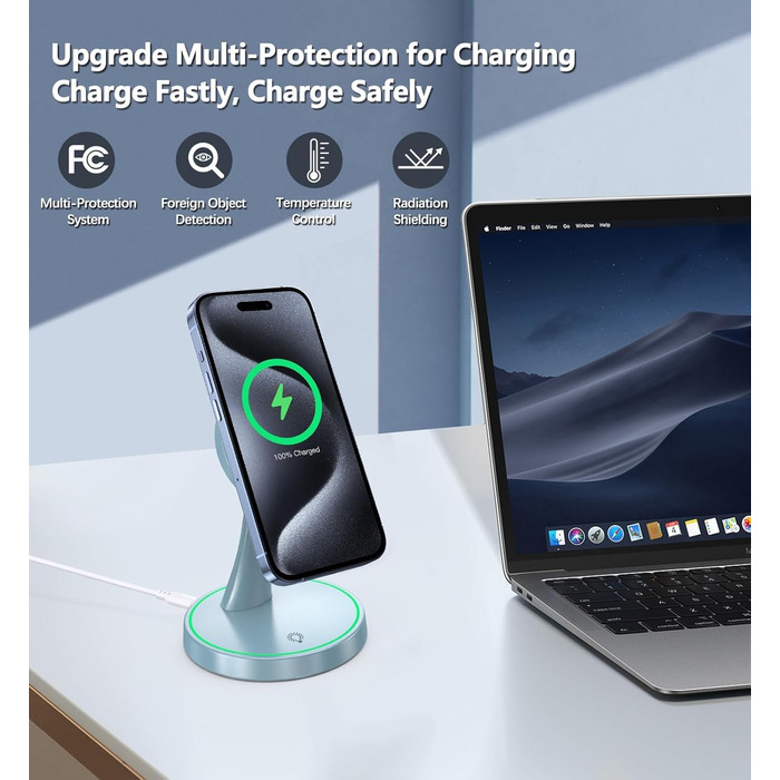 Бездротова зарядка MagSafe OANDYS 2-в-1 15W для iPhone 17/16/15/14/13/12 та AirPods, нічна лампа блакитна