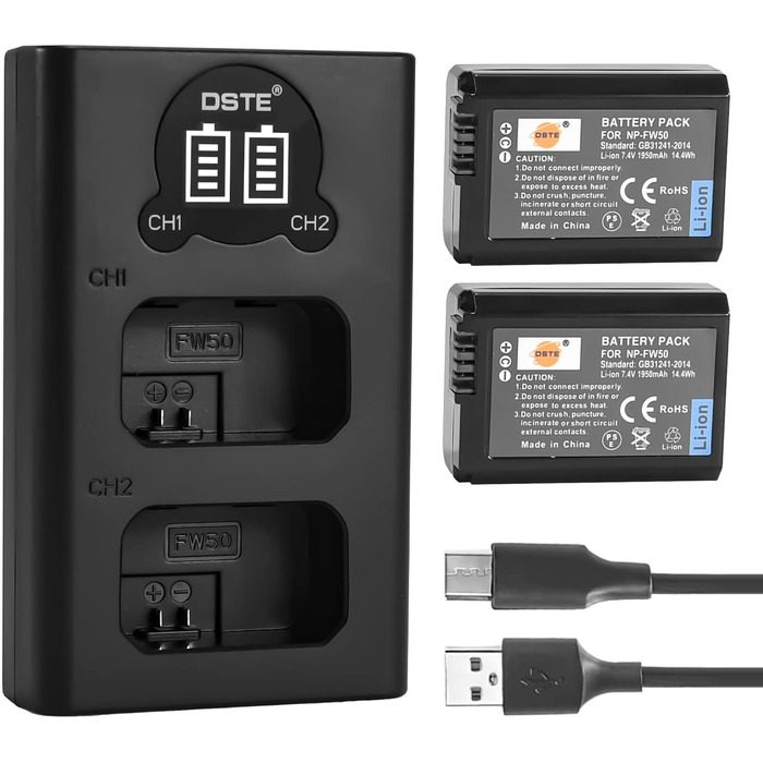 Запасний акумулятор NP-FW50 (2 шт.) та смарт-зарядний пристрій LED Dual USB для Sony Alpha a6500, a6300, a6000, a7s, a7, a7s ii, a5100, a5000, a3000