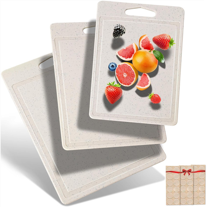 Набір обробних дощок 3 шт. з імітацією граніту, антиковзаючі наклейки, жолоб для соку, BPA-Free, з ручкою. Пластикові обробні дошки, антибактеріальні, кухонні аксесуари, гаджети, помічники (Бежевий, 3 шт.)