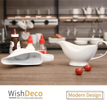 WishDeco біла соусниця з кераміки 220 мл, порцелянова соусниця з ручкою для соусу, салатної заправки, бульйону, крему
