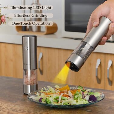 TLYSXPRO Electric Salt and Pepper Grinder Set of 2, USB Rechargeable, Adjustable Coarseness Spice Grinder, Electric Pepper Grinder with LED Light, Cleaning Brush, Kitchen Appliances, Stainless Steel