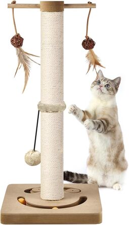Котяча кігтеточка AUSCAT з іграшками, 63 см, бежева. Кігтеточка-стовп з натурального сизалю в сучасному дизайні