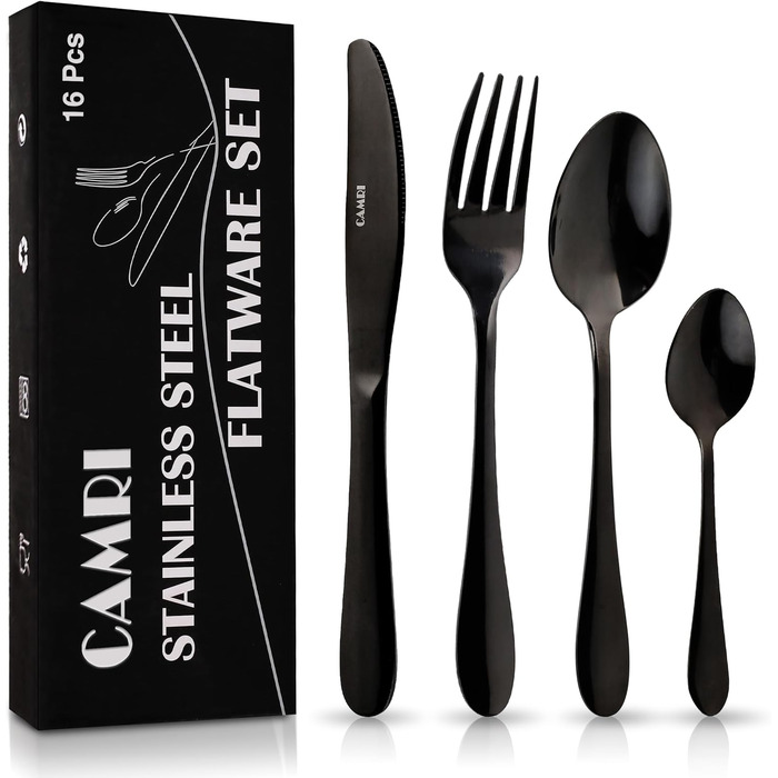 Набір столових приборів CAMRI – 16 предметів з нержавіючої сталі, столовий набір, ножі, виделки, ложки, набір для 4 осіб, придатний для миття в посудомийній машині, чорний матовий/дзеркальний дизайн