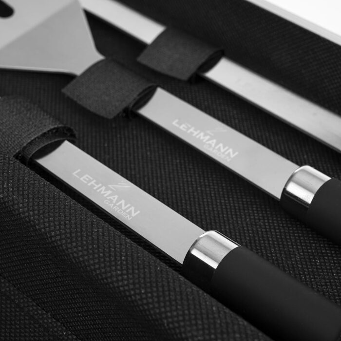 Набір гриль-посуду Lehmann з нержавіючої сталі в кейсі | Комплект аксесуарів для гриля з лопаткою, виделкою та щипцями | Ідеальний подарунок для чоловіків та жінок