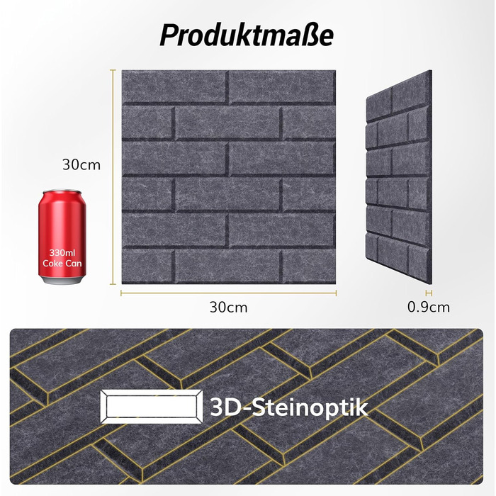 Акустичні панелі TONOR під цеглу самоклеючі, 18 шт. (30x30x0,9 см), звукопоглинаючі панелі для шумоізоляції та декору стін, темно-сірі