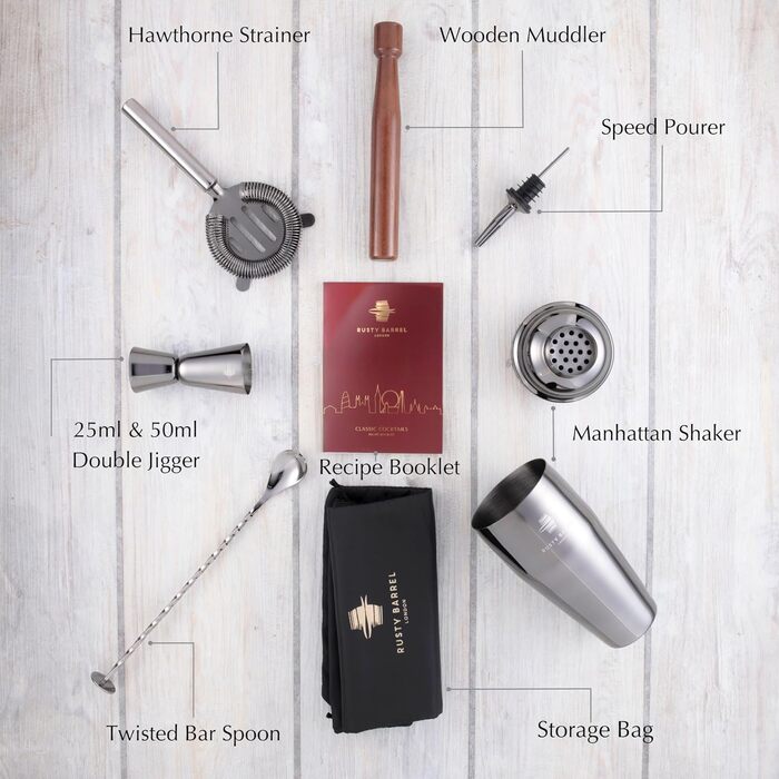 Rusty Barrel Knightsbridge Cocktail Set – Black Stainless Steel Shaker, Wooden Muddler, Bar Strainer, Jigger, Pourer, Coasters, Spoon & Recipe Booklet | Cocktail Accessories in a Luxurious Gift Box