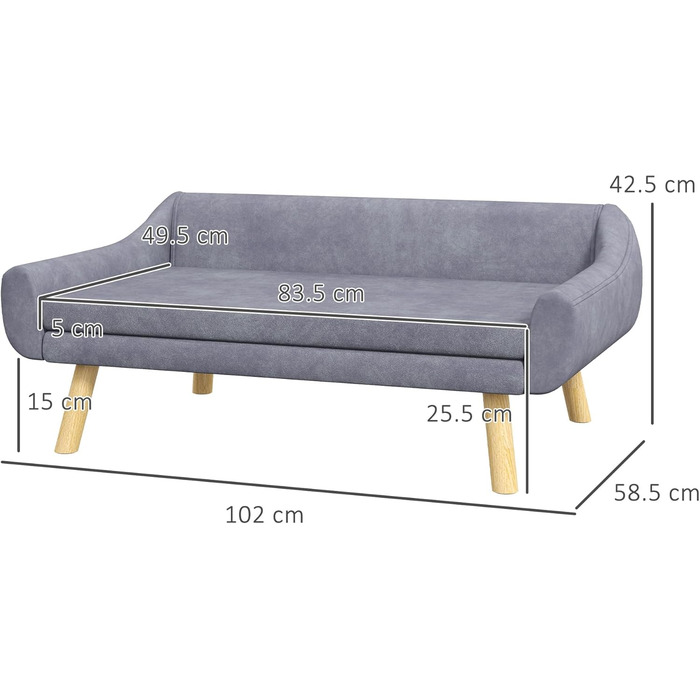 PawHut Софа для собак з м'яким подушками, лежанка для тварин з дерев'яним каркасом, знімний та пральний чохол, для середніх та великих собак (сіра)