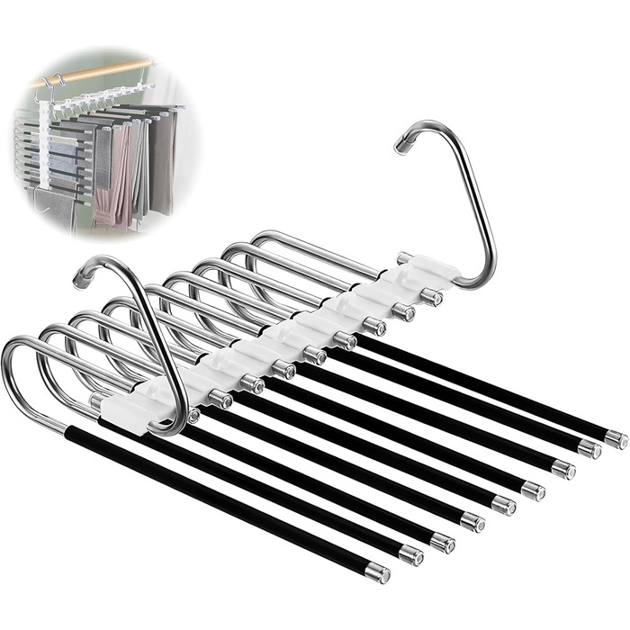 2-Piece Trouser Hangers Clothes Hangers Space-Saving Stainless Steel Non-Slip Foldable Multi-Functional Hanger for Trousers, Scarves, Jeans, Clothing, Towels (Black with 14 Clothes Hangers)