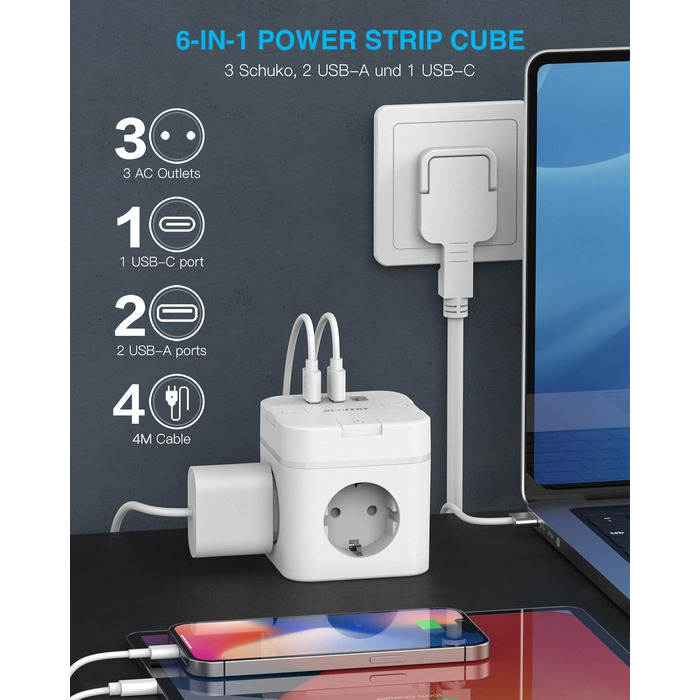Розетка-смуга 6 в 1 з USB-C, 3 розетки, плагін, індивідуальне вмикання, куб, з кабелем, 1 USB-C, для офісу, дому, подорожей (4M, білий)
