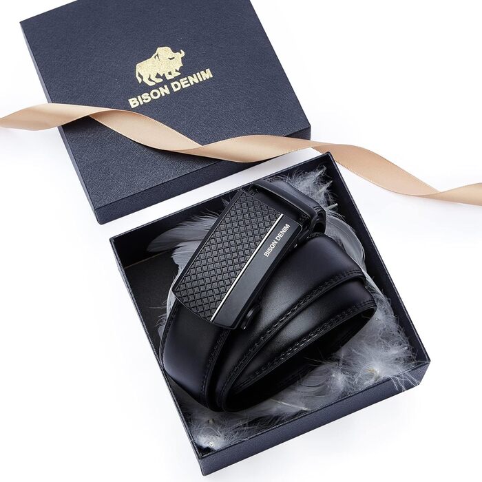 Чоловічий шкіряний ремінь BISON DENIM з автоматичною застібкою-разом - для ділового костюма, ширина 35 мм, чорний